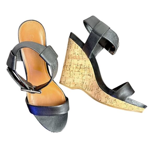 Women's Calvin Klein Black Leather Cork Wedge Heels Sandals - Size 6.5M - Picture 2 of 6